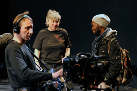 Stage Manager Deb Styer with playwright Tarell McCraney and HMS Media crew